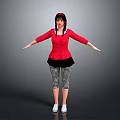 Woman in Red Top Black Skirt Striped Pants White Shoes with Braided Pigtails Arms Outstretched