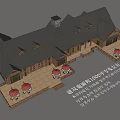Log Cabin With Multiple Sloped Roofs Chimney And Wooden Deck With Red Umbrellas