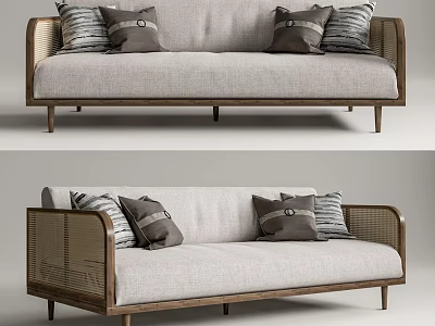 Light Gray Sectional Sofa With Wooden Frame Woven Armrests And Decorative Pillows 3d model