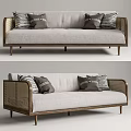 Light Gray Sectional Sofa With Wooden Frame Woven Armrests And Decorative Pillows