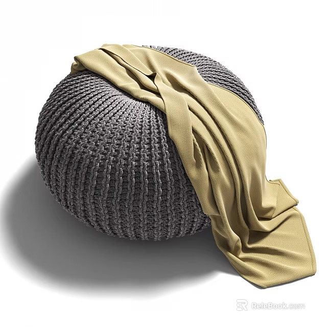 Gray Knitted Round Pouf With Beige Cloth For Living Room Decor 3d model 