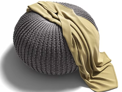 Gray Knitted Round Pouf With Beige Cloth For Living Room Decor 3d model