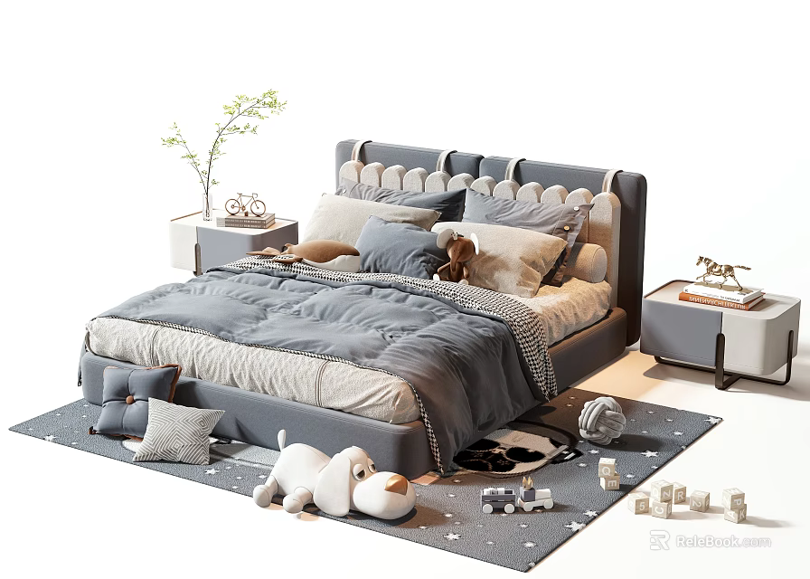 Cozy Gray Double Bed with Decorative Headboard Pillows and Stuffed Toys on Rug 3d model 