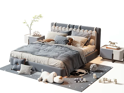 Cozy Gray Double Bed with Decorative Headboard Pillows and Stuffed Toys on Rug 3d model