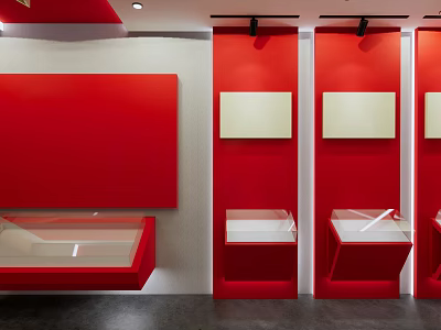 Modern Exhibition Space With Red Walls White Display Boards And Glass Cases 3d model