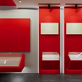 Modern Exhibition Space With Red Walls White Display Boards And Glass Cases