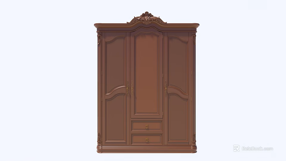 Classic Dark Brown Ornate Wardrobe With Carved Details Doors And Drawers 3d model 