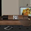 Brown Double Sofa with Black Checkered Pillows Gray Blanket Sunflower Painting and Checkered Floor
