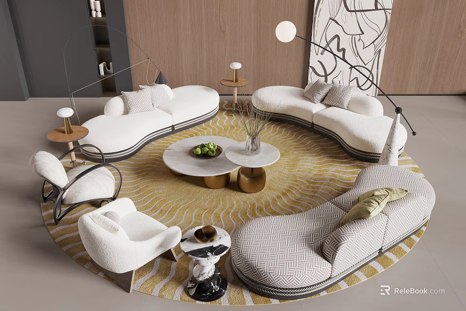 Modern Curved Sofa And Round Coffee Table Set With Area Rug And Decorative Accents 3d model 