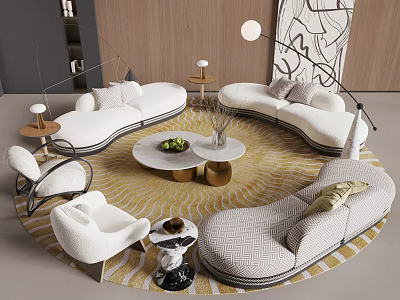 Modern Curved Sofa And Round Coffee Table Set With Area Rug And Decorative Accents 3d model
