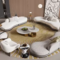 Modern Curved Sofa And Round Coffee Table Set With Area Rug And Decorative Accents