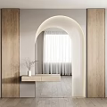 Modern Entryway Hallway With Wooden Walls Arched Lit Doorway Window Blinds And Wooden Console Table