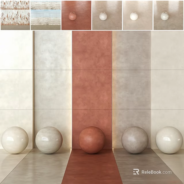 Textured Wall Components With Beige Red Grey Panels And Decorative Spheres 3d model 