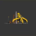 Sci Fi Game Movie Character With Yellow Mechanical Claw Rusted Metal Structure And Pipes