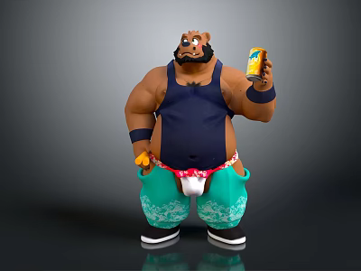 Cartoon Bear Character Wearing Blue Tank Top Holding Yellow Bottle With Green Floral Pants 3d model