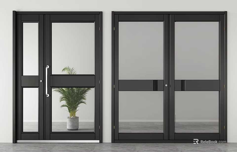 Black Glass Doors Interior With Green Plant In Gray Pot White Wall And Gray Floor 3d model 
