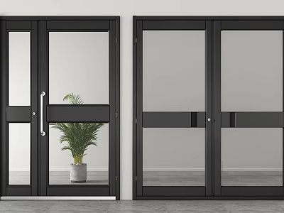 Black Glass Doors Interior With Green Plant In Gray Pot White Wall And Gray Floor 3d model