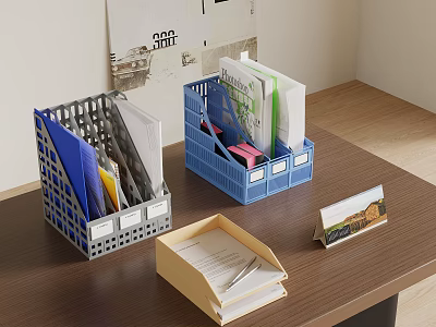Book Magazine And Paper Organization With Plastic File Holders Yellow Folder On Wooden Desk 3d model