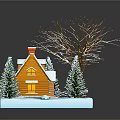 Snowy House Scene With Snow Covered Roof Red Chimney And Lit Christmas Trees