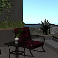 Red Comfortable Lounge Chair On Balcony With Side Table Green Plants Ocean View And Cityscape