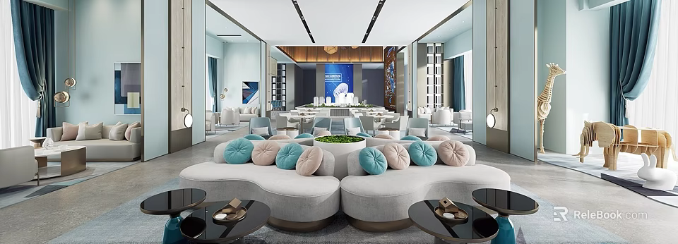 Elegant Sales Office Interior Featuring Modern Sofa Pillows Coffee Tables And Lighting Design 3d model