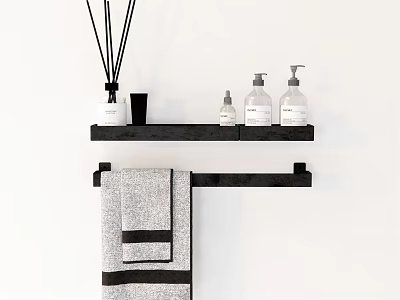 Modern Bathroom Accessories With Black Shelf Diffuser Hand Soap Bottles And Towel Rack 3d model