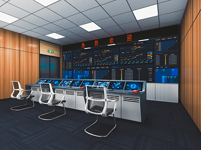 Modern monitoring room Command control room Dispatching command center Monitoring hall Command hall Office desks and chairs 3d model