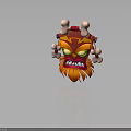 Vibrant Red Orange Decorative Tribal Mask With Bone Accents And Green Eyes