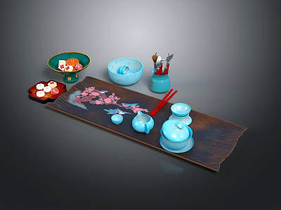 Pink Flower Pattern Carving on Wooden Tray with Ceramic Tableware Bowls Teacups and Red Chopsticks 3d model