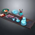 Pink Flower Pattern Carving on Wooden Tray with Ceramic Tableware Bowls Teacups and Red Chopsticks