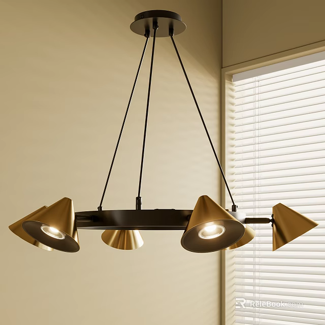 Modern Gold Cone Shaped Chandelier With Black Frame In Room With Blinds 3d model 
