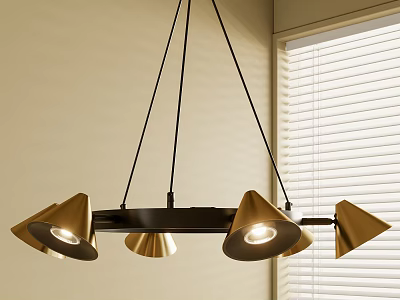 Modern Gold Cone Shaped Chandelier With Black Frame In Room With Blinds 3d model