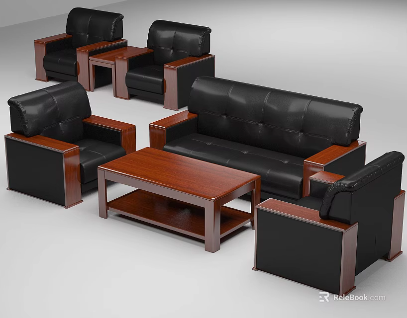 Tech Exhibition Hall Furniture Setup With Black Leather Sofas Wooden Coffee Tables And Chairs 3d model 