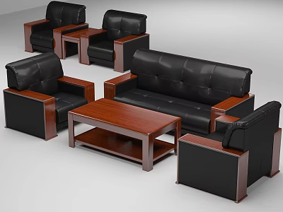 Tech Exhibition Hall Furniture Setup With Black Leather Sofas Wooden Coffee Tables And Chairs 3d model