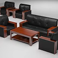 Tech Exhibition Hall Furniture Setup With Black Leather Sofas Wooden Coffee Tables And Chairs