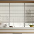 Wooden Frame Window Blinds With Window Sill Plush Toy Fruit Bowl And Snowy Trees View