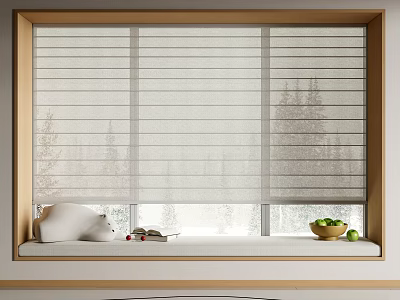 Wooden Frame Window Blinds With Window Sill Plush Toy Fruit Bowl And Snowy Trees View 3d model