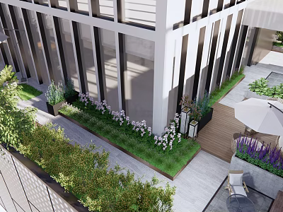 Modern Building Roof Garden With Green Lawn Flower Beds And Outdoor Seating Area 3d model