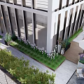 Modern Building Roof Garden With Green Lawn Flower Beds And Outdoor Seating Area