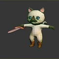 Cute Cartoon Cat Character With Blue Eyes Pink Ears Holding Knife And Brown Boots