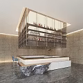 Modern Bar Interior Design With Suspended Wine Racks Marble Countertop And Geometric Patterned Walls