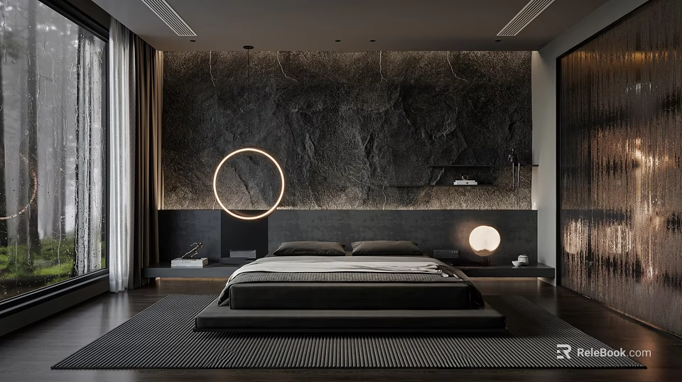 Modern Bedroom Interior Design With Textured Marble Wall Circular Light And Dark Platform Bed 3d model 