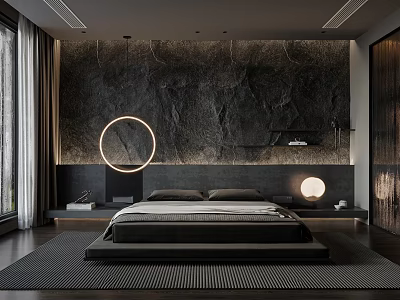 Modern Bedroom Interior Design With Textured Marble Wall Circular Light And Dark Platform Bed 3d model