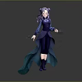 Purple Haired Fantasy Character Holding Small Creatures in Blue Outfit and Cloak