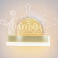 Wall Lamp with Crown Design White Lines Outlining Golden Circular Part and Illuminated White Base