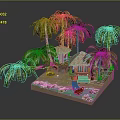 Tropical Island Scene With Palm Trees Hut And Blue Water Pool