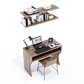 Wooden Home Office Desk and Chair Set with Laptop Lamp and Wall Mounted Bookshelf
