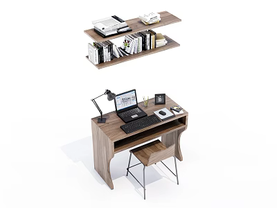 Wooden Home Office Desk and Chair Set with Laptop Lamp and Wall Mounted Bookshelf 3d model