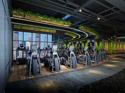 Modern Fitness Gym Interior With Cardio Equipment City View Windows And Ceiling Green Plants 3d model