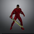 Male Superhero In Red Suit With Red Cape Holding Yellow Sword